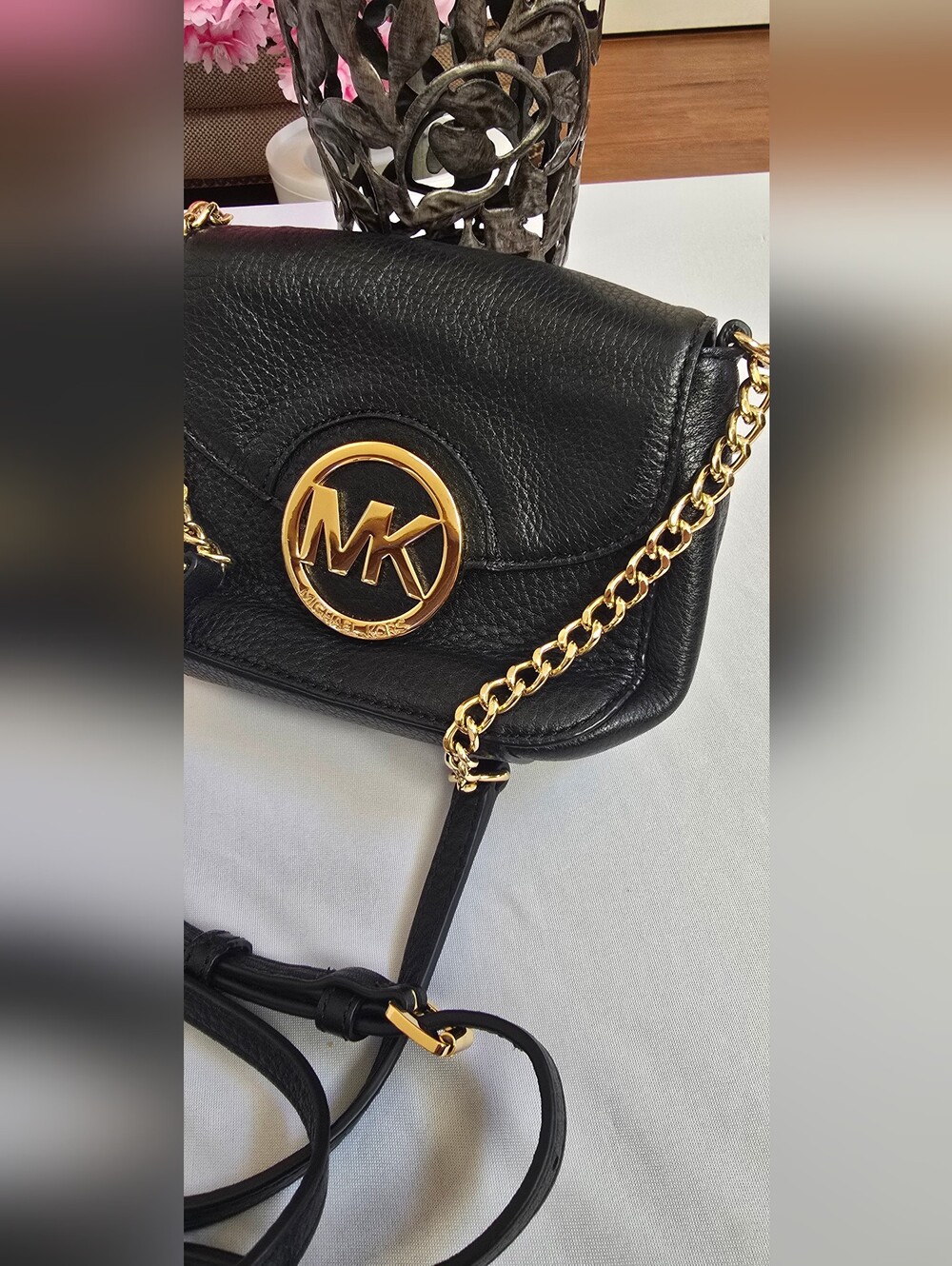 Michael Kors Black Leather Crossbody with Gold MK Medallion - Picture 6 of 8